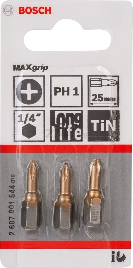 Бита для шуруповерта PH1 25 мм BOSCH Max Grip 3 штуки (2607001544) - Фото 2